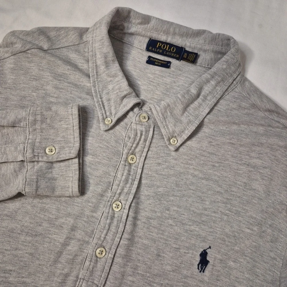 Polo Ralph Lauren Featherweight Mesh Polo Shirt Mens XL Gray‎ Long Sleeve Pony